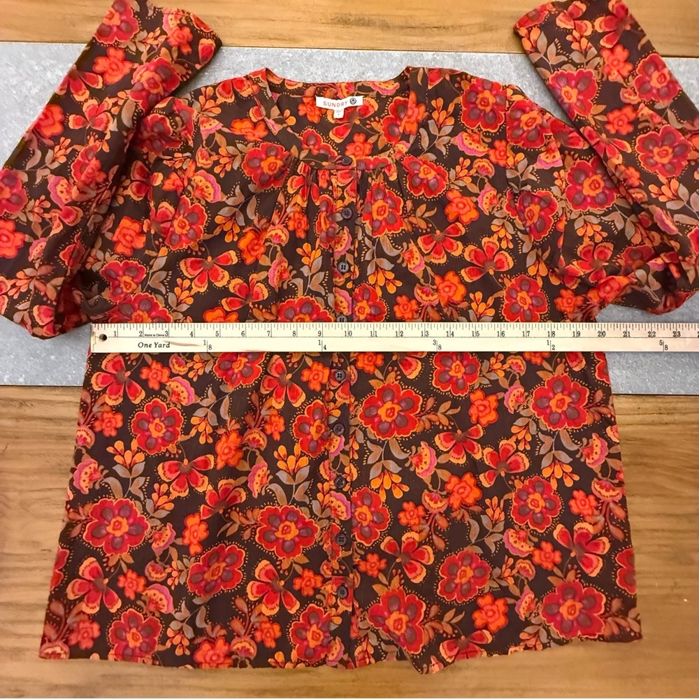 Sundry Anthropologie Floral Button Down Puff Sleeve Blouse Brown Red Size 1 (S) - Picture 10 of 11